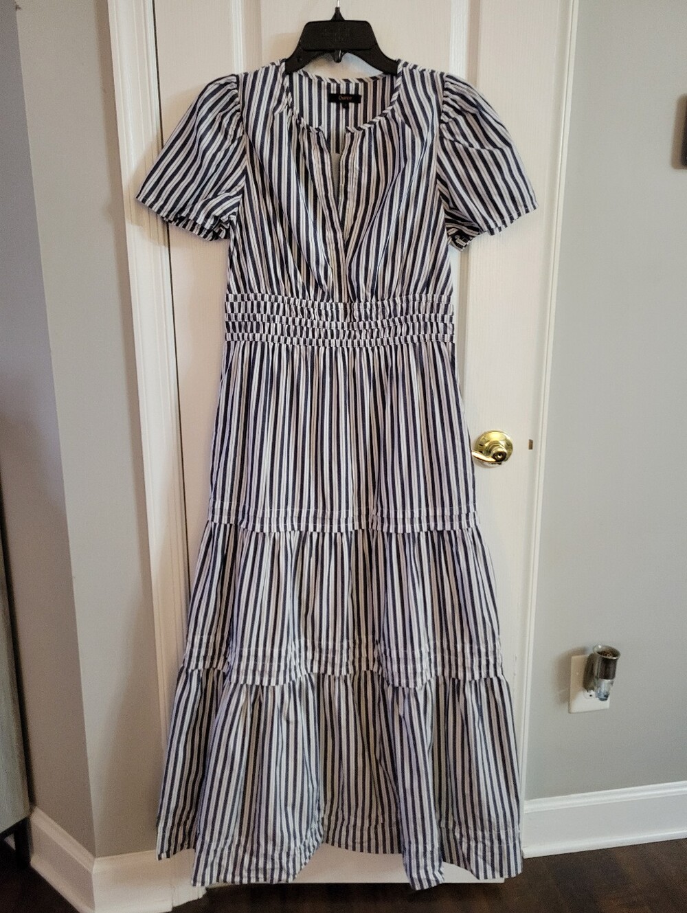 Quince 100% Organic Cotton Poplin Tiered Maxi Dress Hudson Stripe Small Blue
